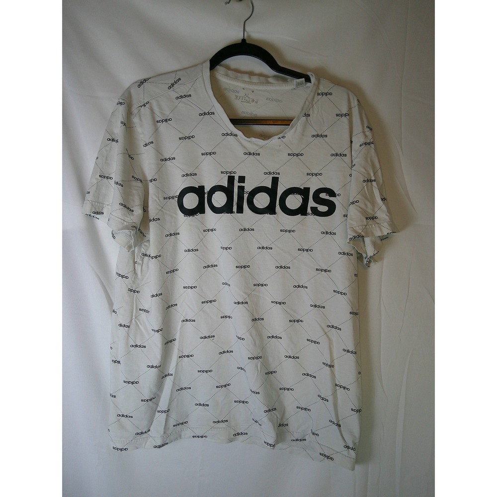 Distressed Rare Adidas Mens XL White All Over Print V-Neck T-Shirt Tee Short Sle